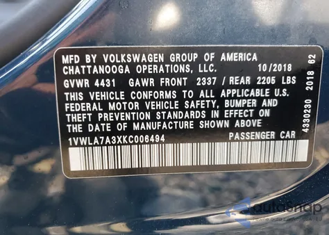 2019 Volkswagen Passat Wolfsburg из США, поврежденный, VIN 1VWLA7A3XKC006494